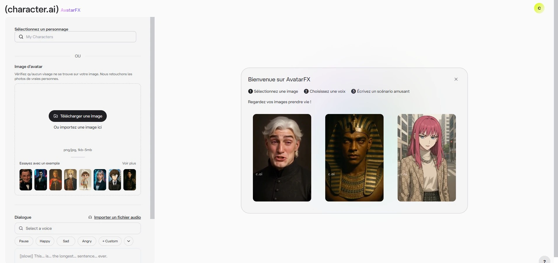 Reseña Character AI — configuración de avatar y efectos visuales