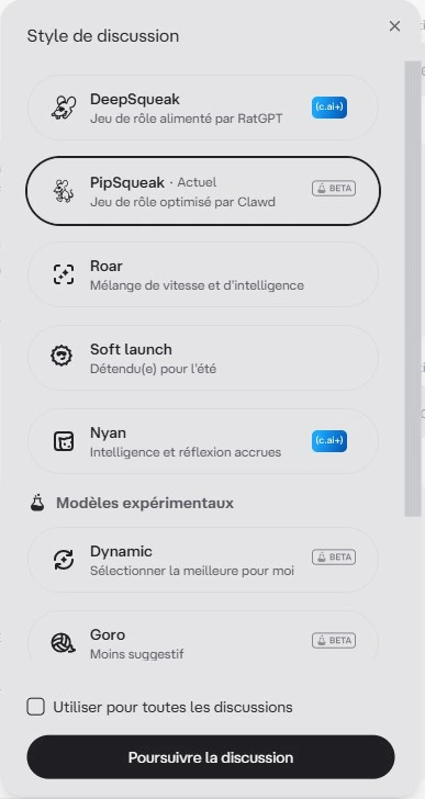 Reseña Character AI — selección del motor LLM en los ajustes