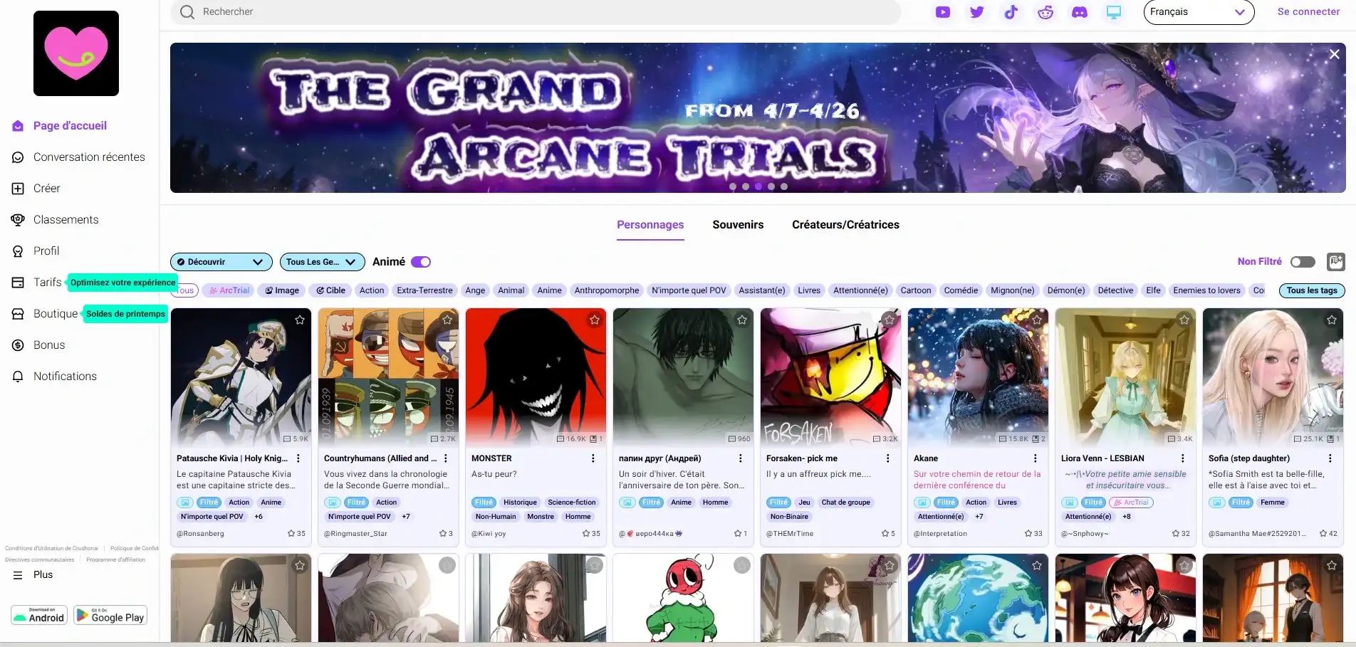 Reseña CrushOn AI — catálogo de personajes y comunidad masiva