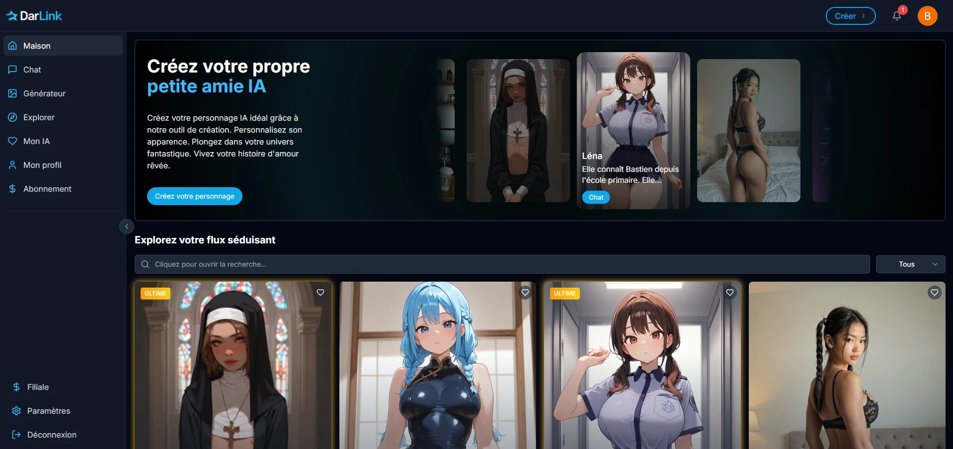 Reseña DarLink AI — interfaz y galería de personajes Hentai