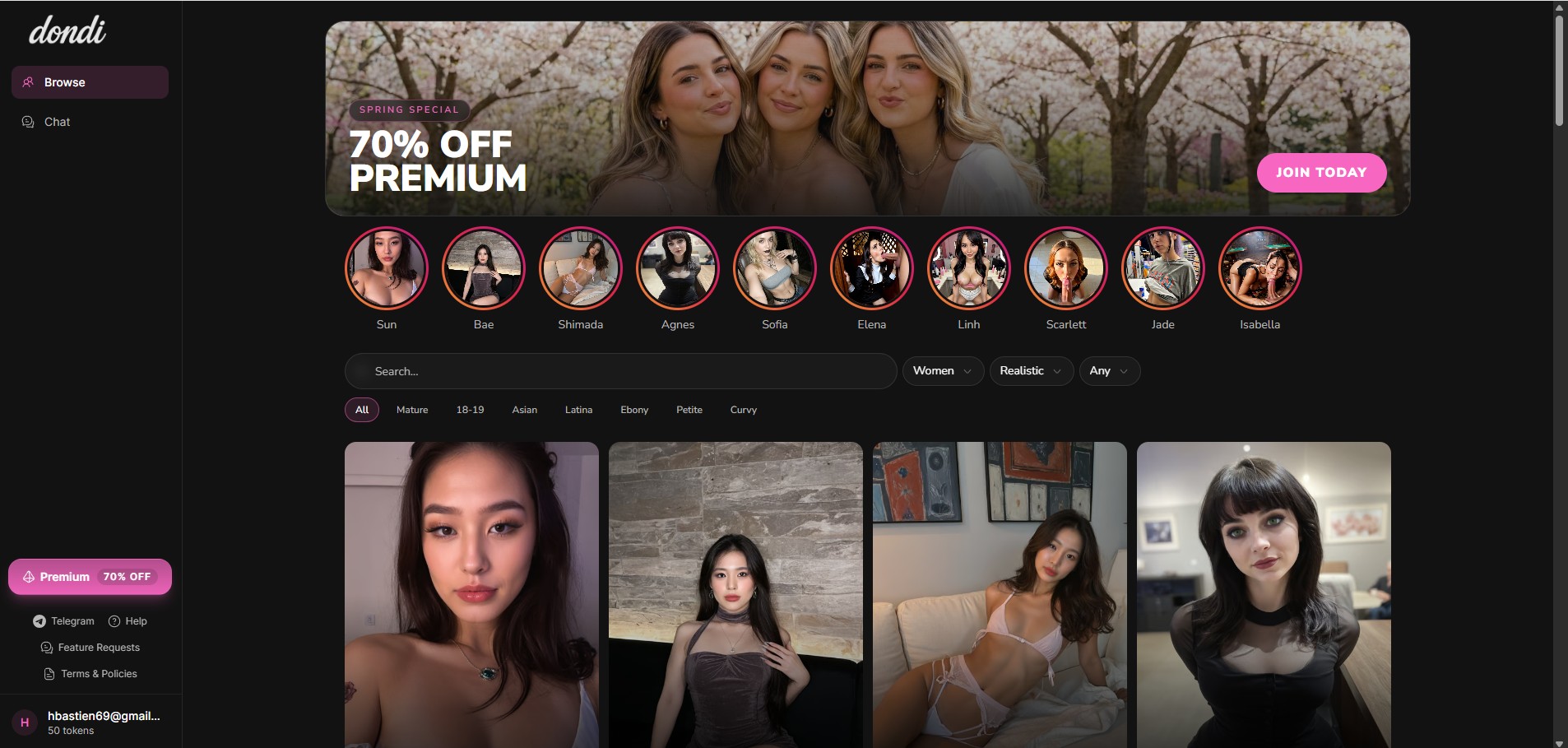 Reseña Dondi.ai — página de inicio Browse con catálogo de personajes, banner Spring Special 70% OFF, filtros por etnia