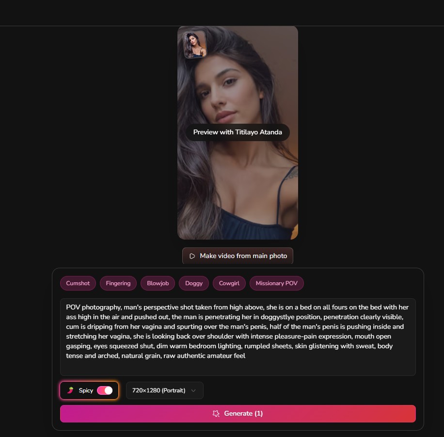 Reseña Dondi.ai — interfaz del Media Studio con generación de vídeo, preview del personaje, tags predefinidos, prompt asistido detallado, toggle Spicy y botón Generate