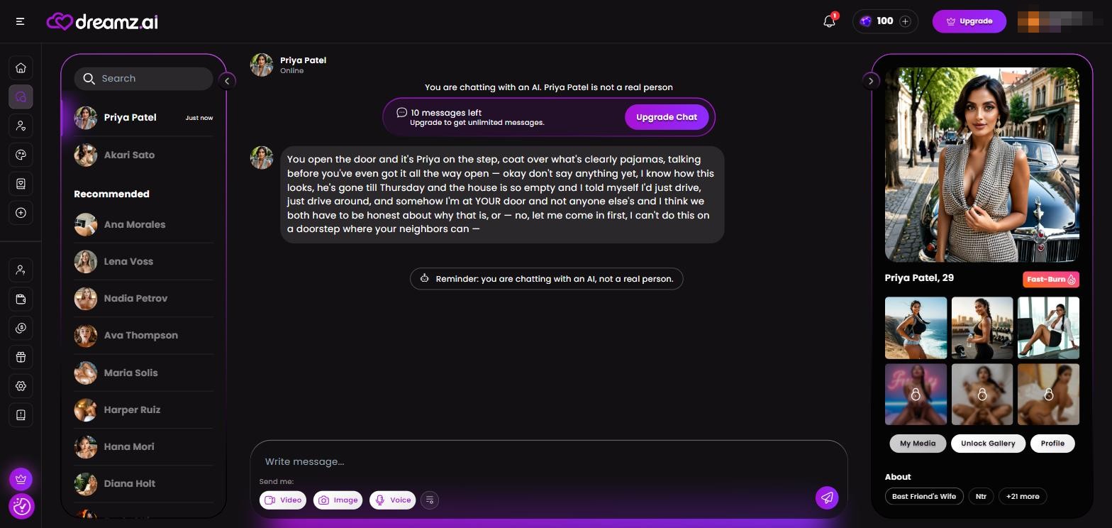 Dreamz.ai opiniones — interfaz de chat y galería del personaje