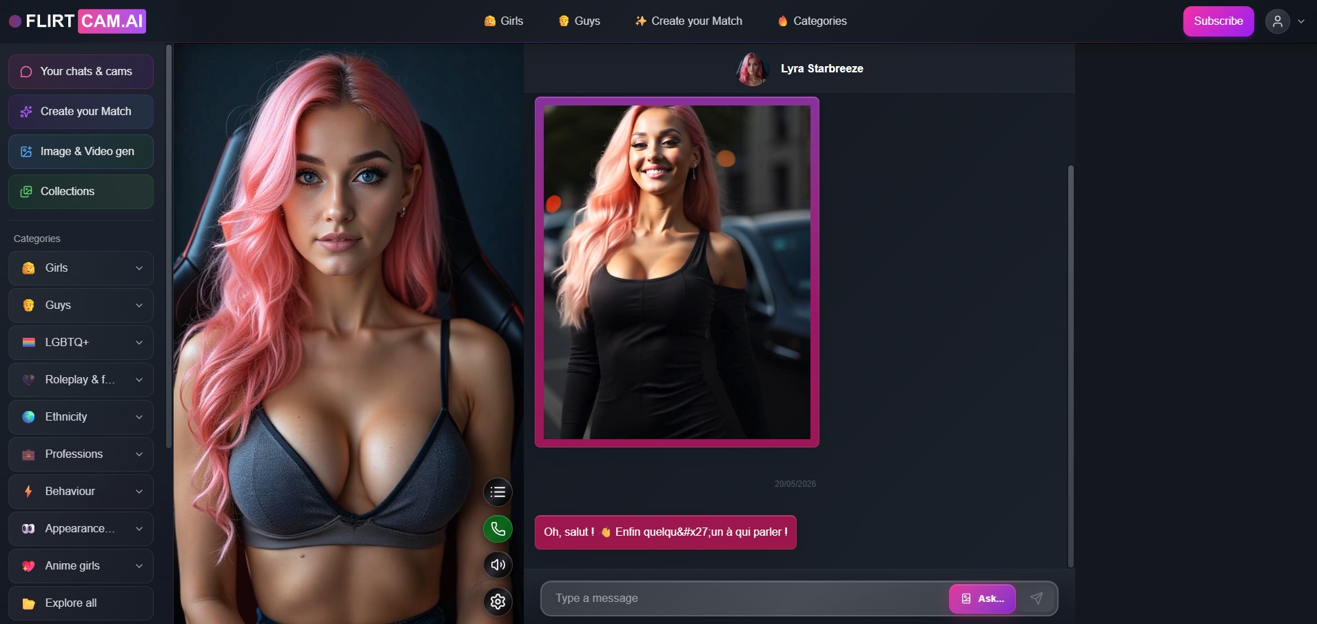 FlirtCam.AI opiniones — sidebar categorías y navegación
