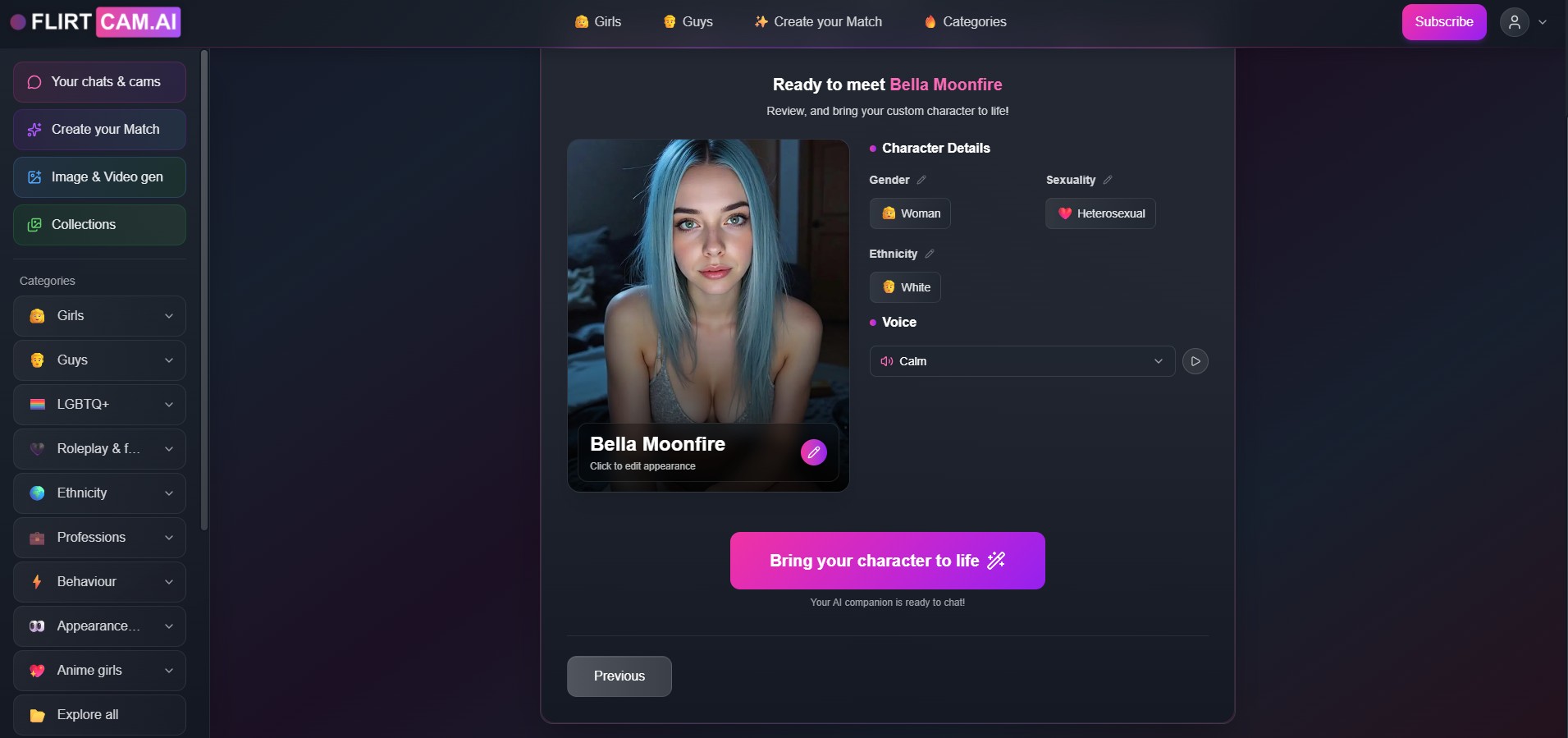 FlirtCam.AI opiniones — página de personalización detallada de un personaje