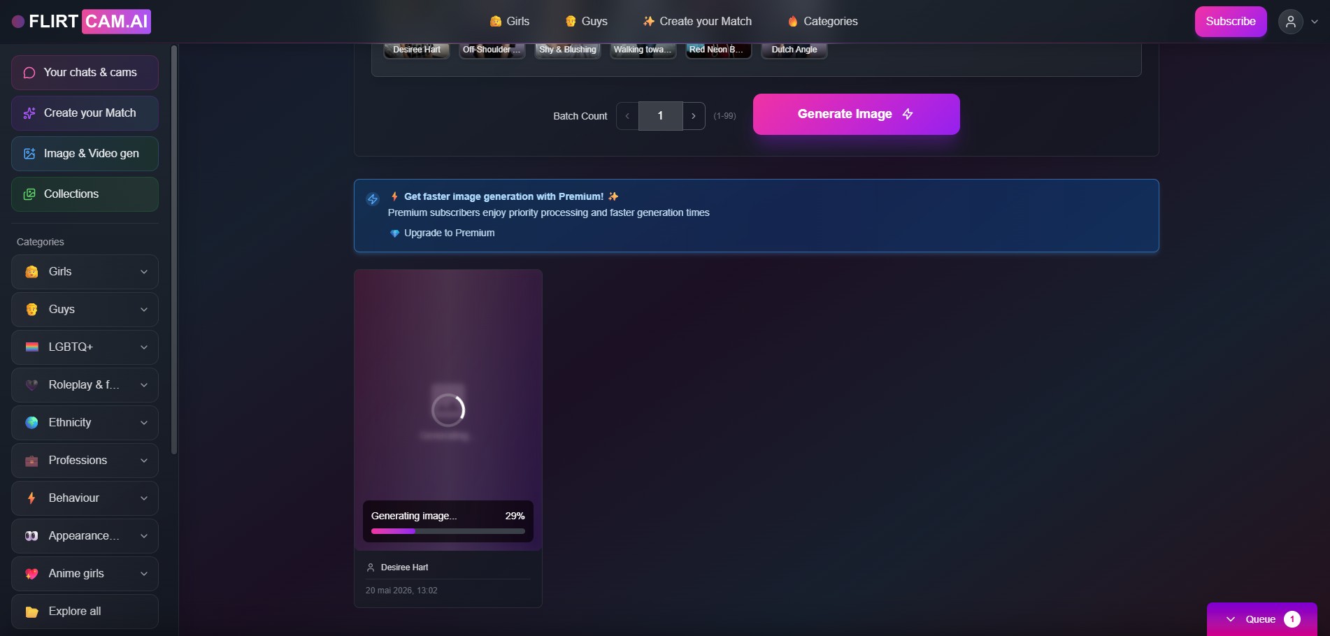 FlirtCam.AI opiniones — interfaz de generación de imagen en el chat