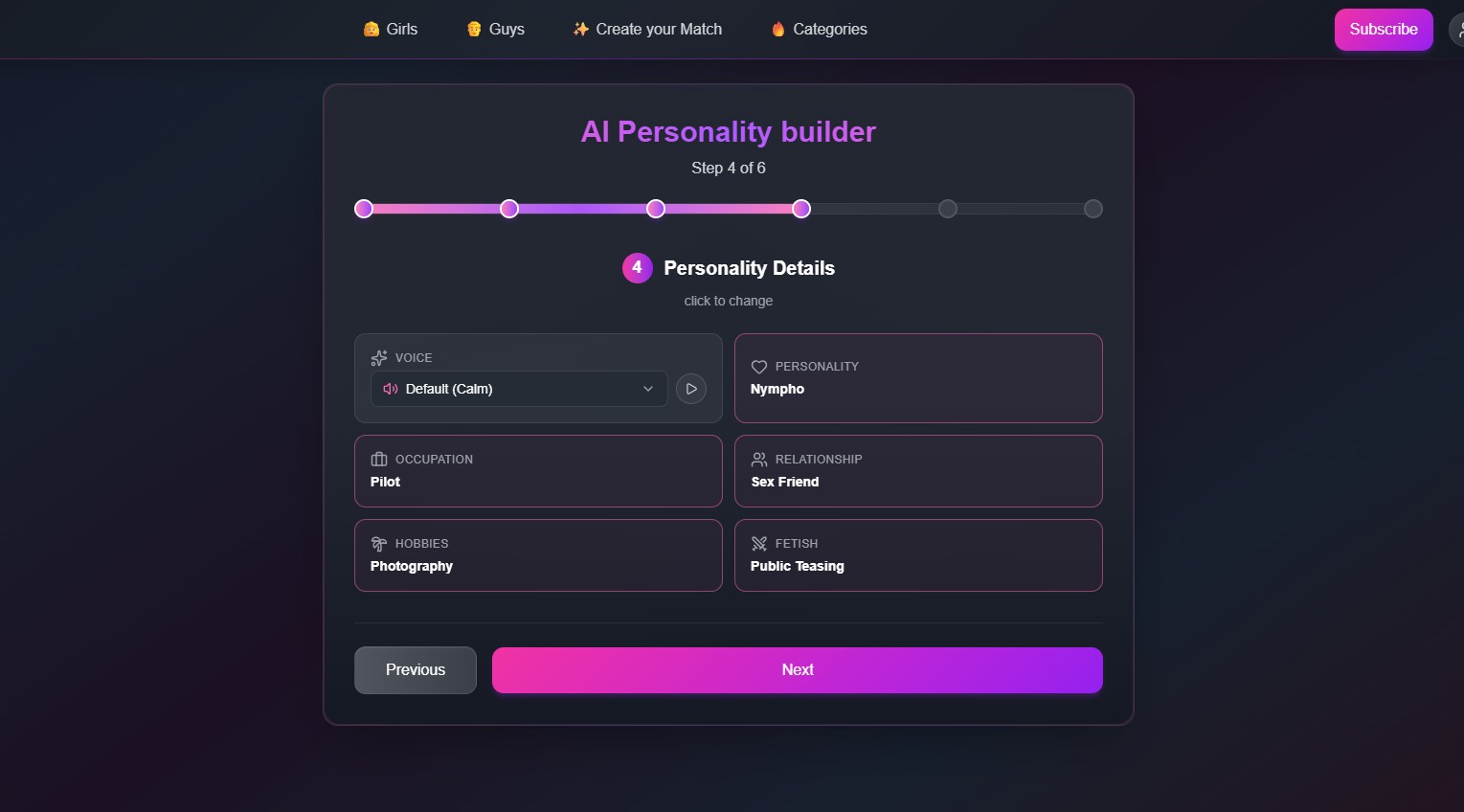 FlirtCam.AI opiniones — AI Personality builder paso 4 de 6: personality, occupation, relationship, hobbies, fetish