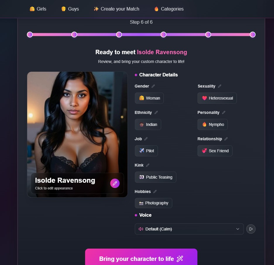 FlirtCam.AI opiniones — selección de parámetros comportamentales
