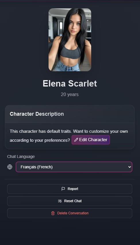 FlirtCam.AI opiniones — selector de idioma por personaje, español disponible