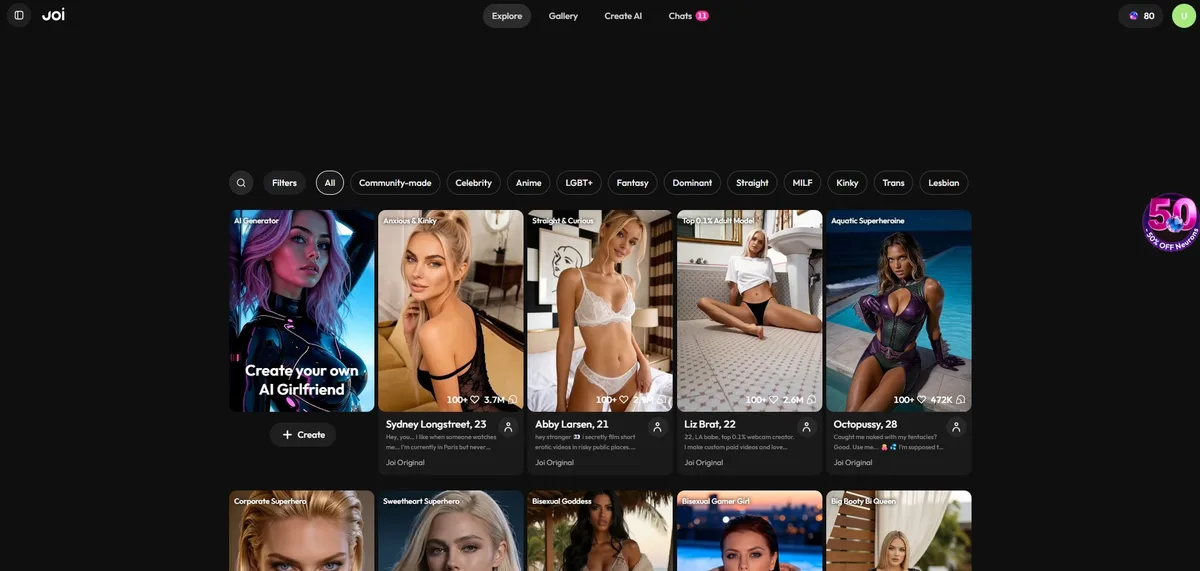 Joi AI opiniones — galería de personajes con filtros y categorías