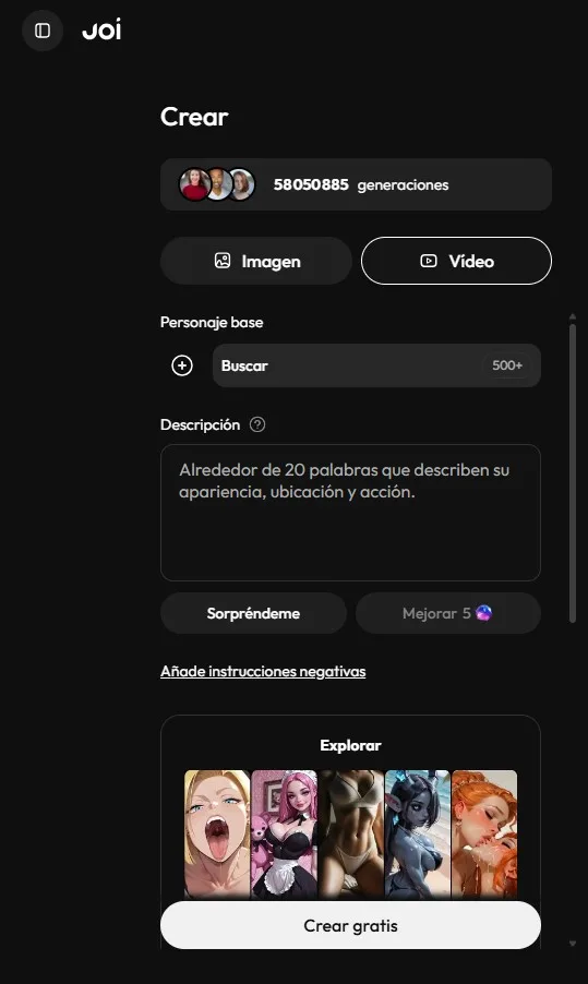 Joi AI: interfaz del creador de imágenes, modo Imagen seleccionado