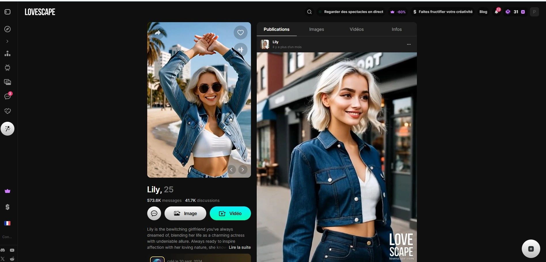 Reseña Lovescape — perfil de Lily con 573k mensajes