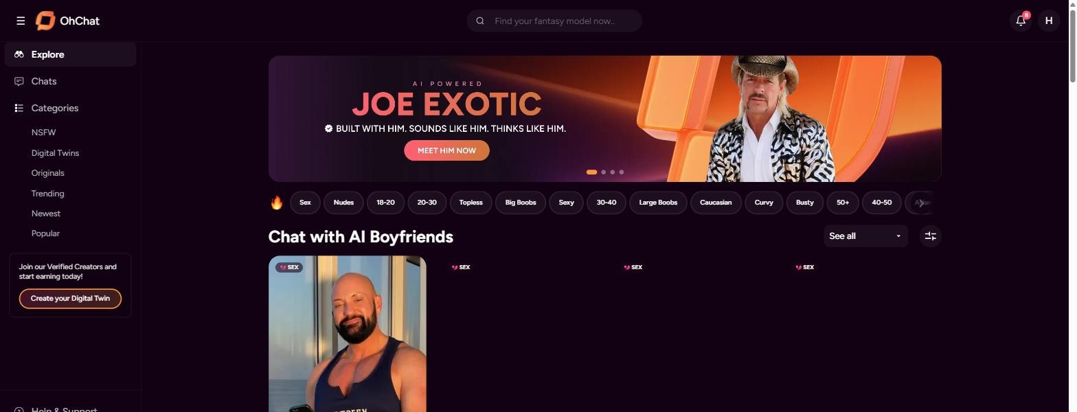 OhChat opiniones — el toggle Female/Male: un catálogo de companions masculinos "AI Boyfriends"