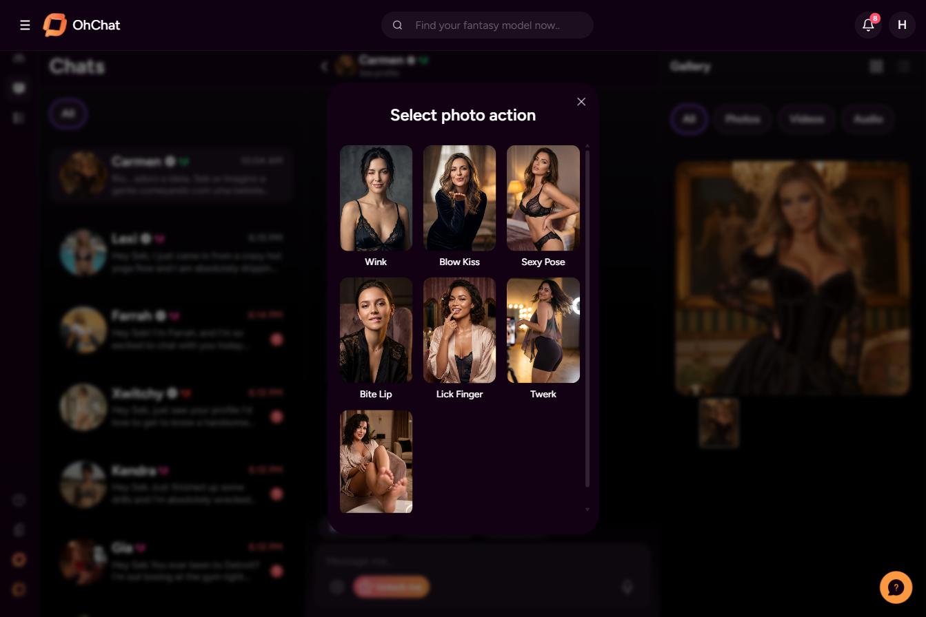 OhChat opiniones — generación de fotos por acciones predefinidas (Wink, Blow Kiss, Sexy Pose…)