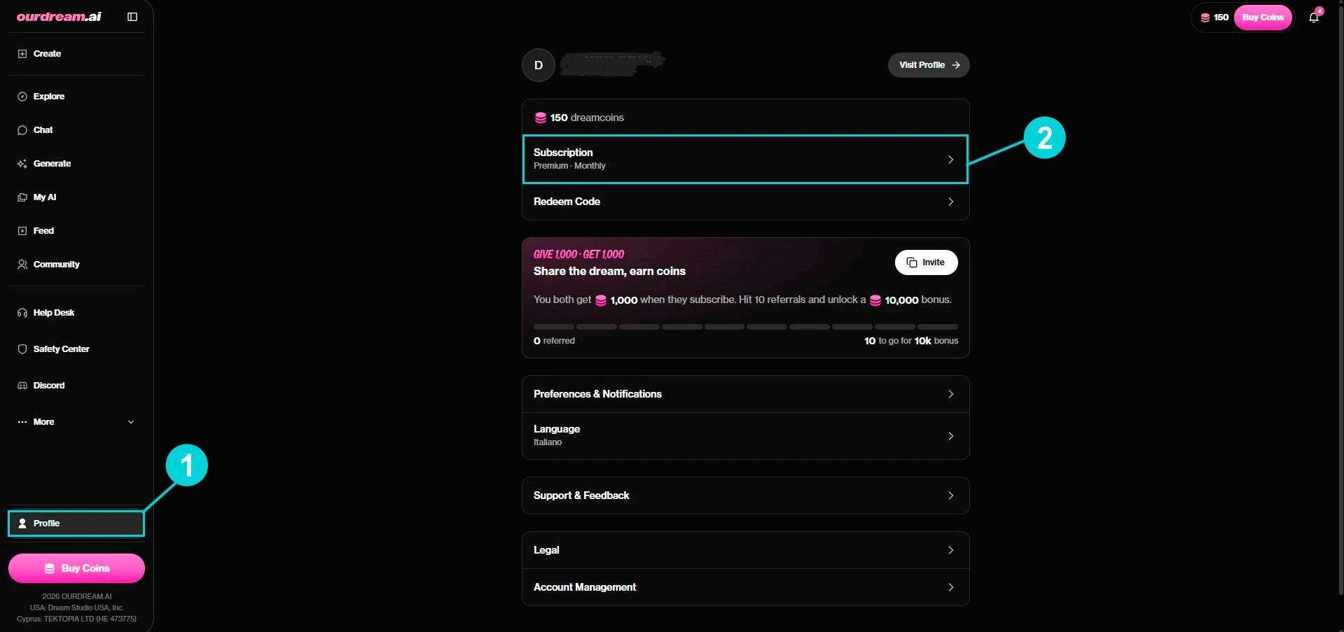 OurDream AI: página de perfil, acceso a la tarjeta Subscription