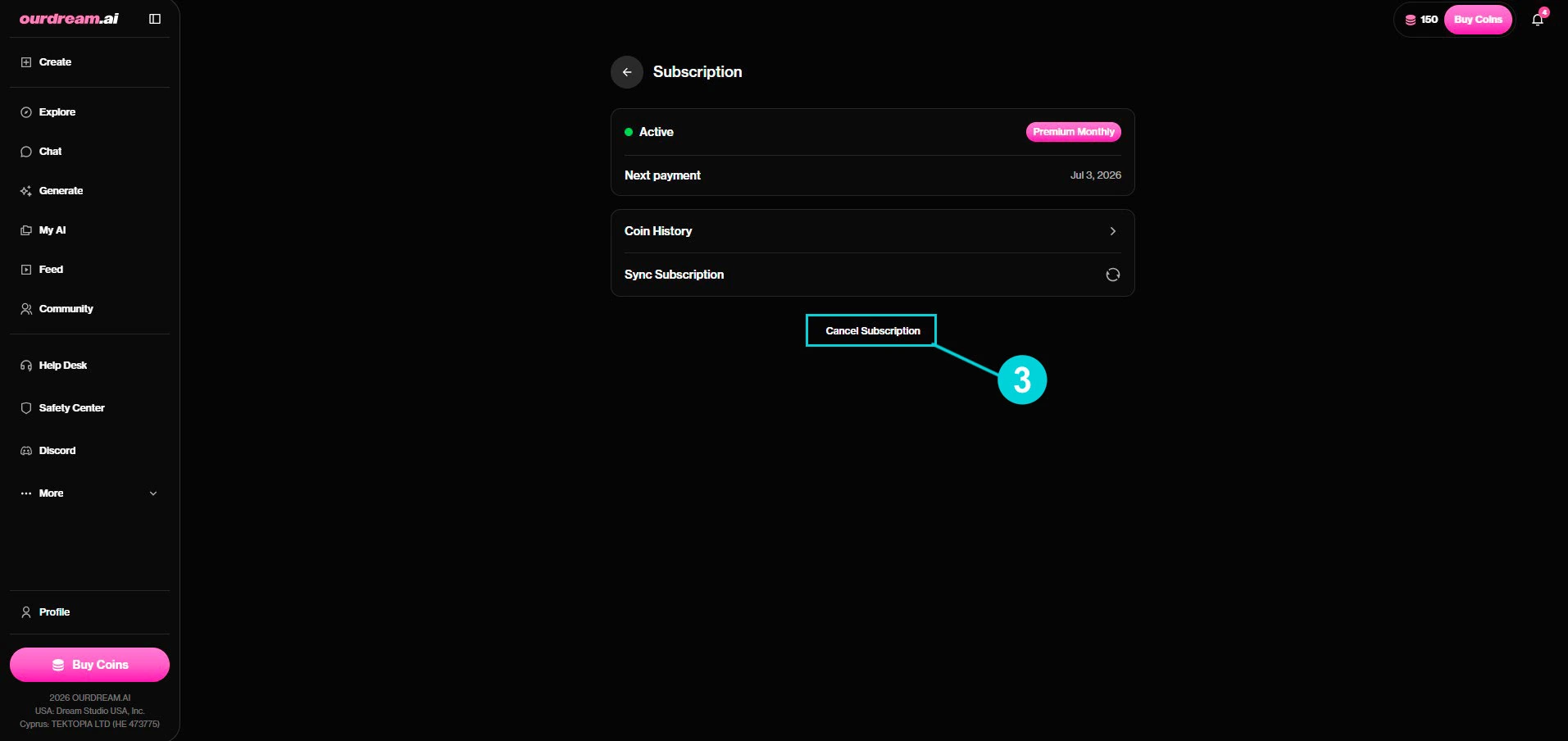 OurDream AI: página Subscription, botón Cancel Subscription