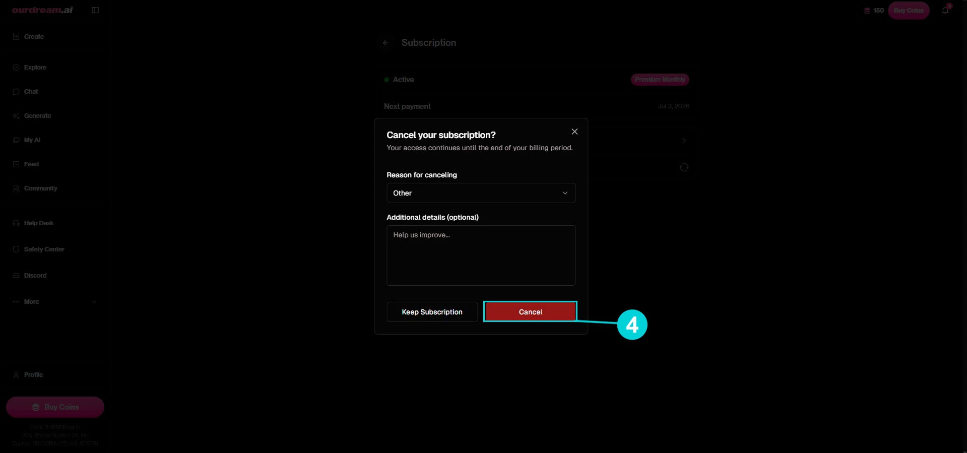OurDream AI: ventana de confirmación Cancel your subscription