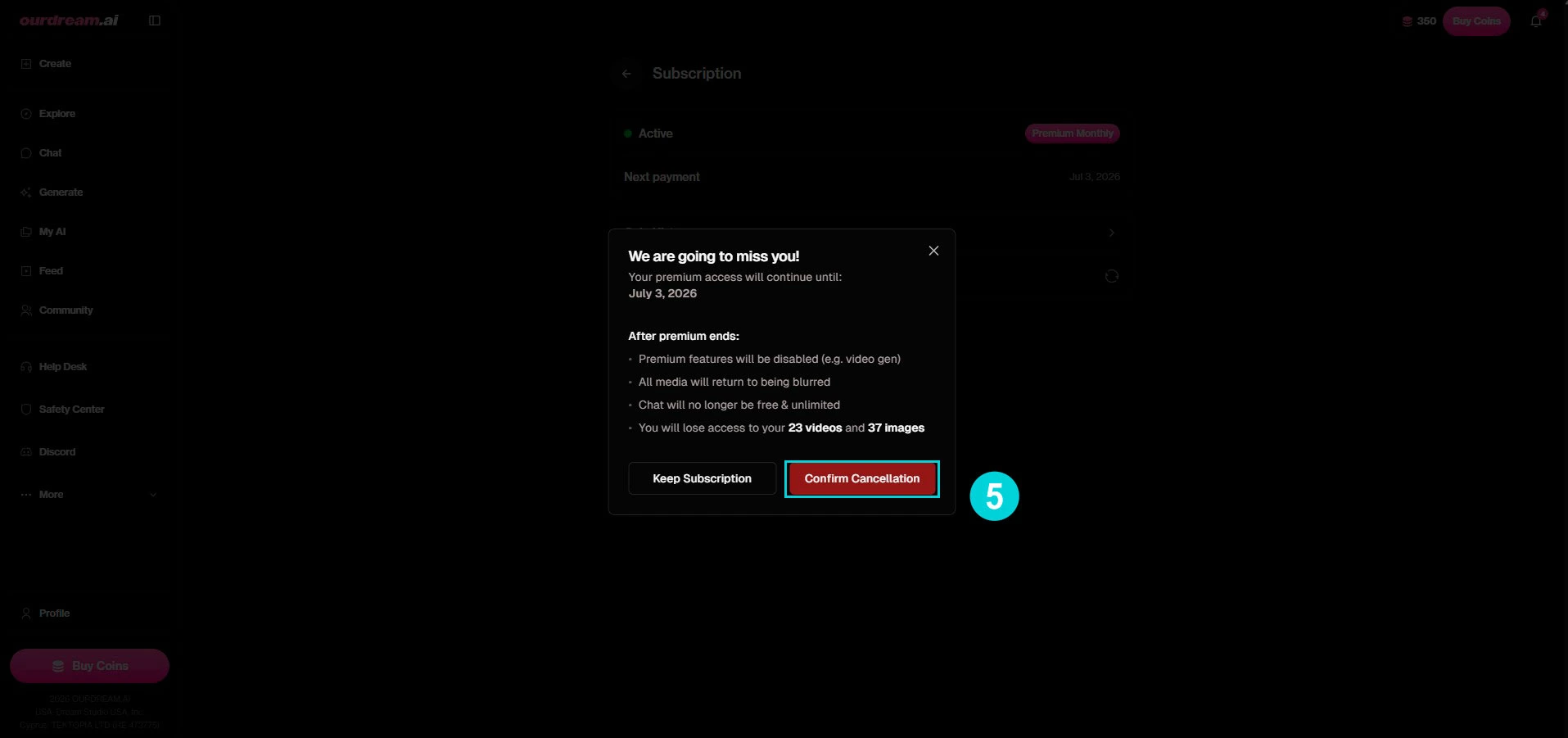 OurDream AI: resumen de fin de suscripción y Confirm Cancellation