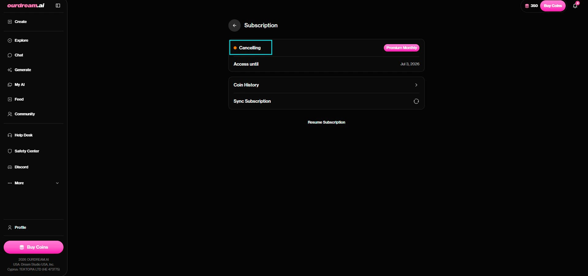 OurDream AI: estado Cancelling, acceso hasta la fecha, Resume Subscription