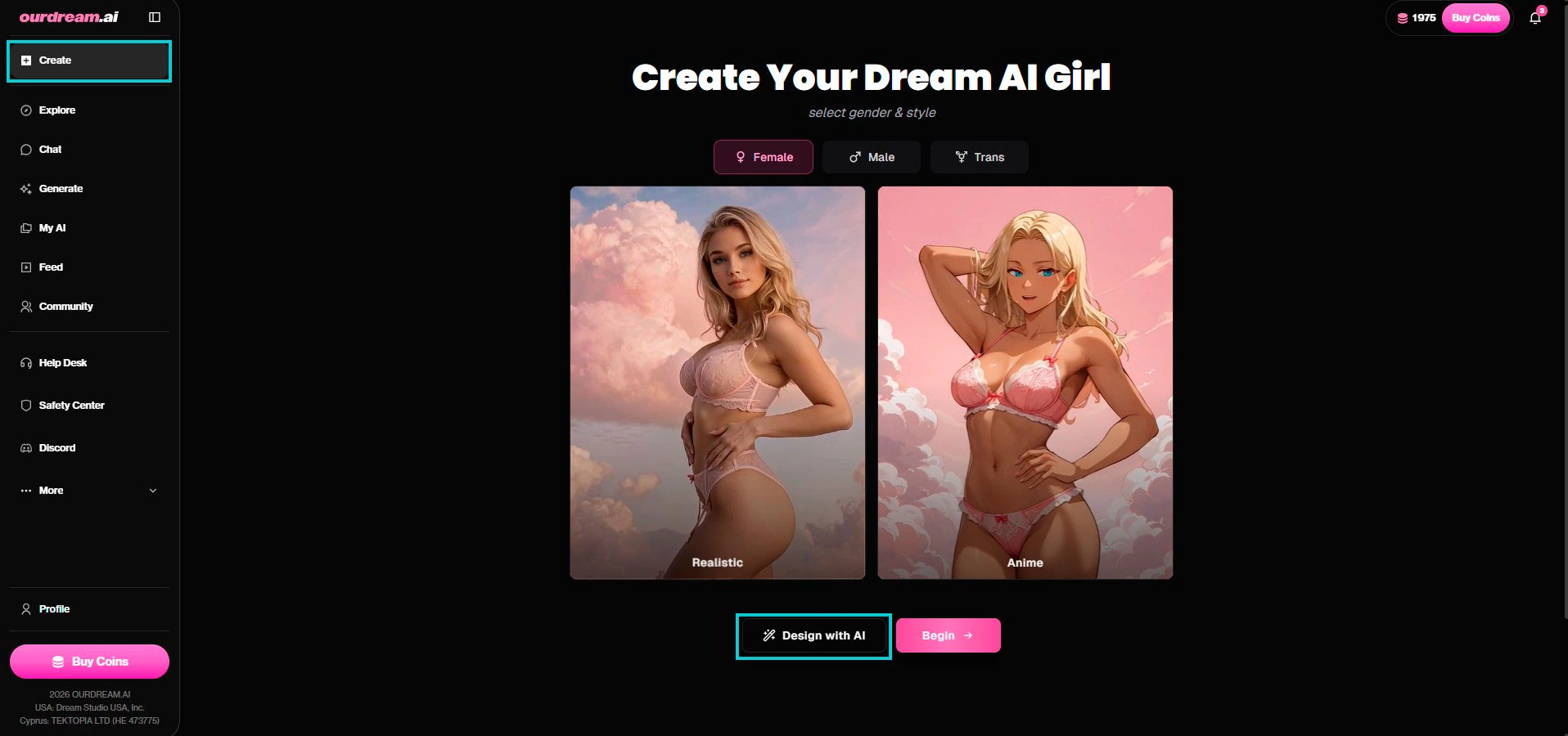 OurDream AI: página Create Your Dream AI Girl, botón Design with AI