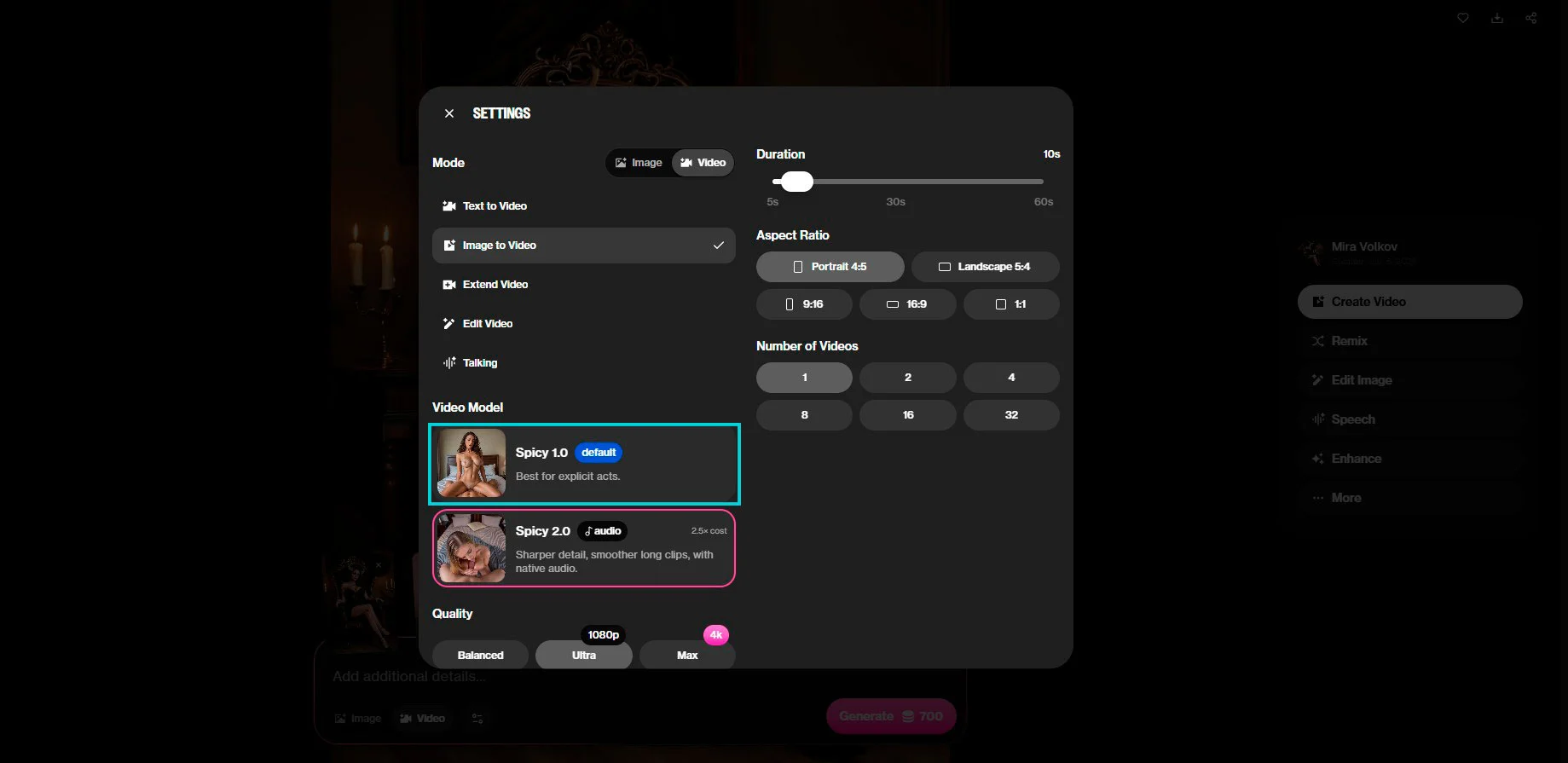 OurDream AI: ajustes de vídeo — duración, modelo Spicy, calidad