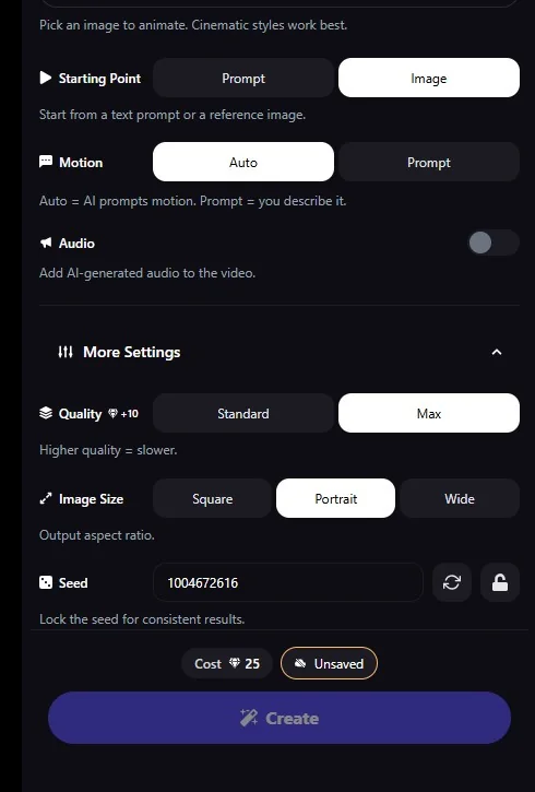 Promptchan: panel Animate — Starting Point, Motion, Audio, Quality, Image Size, Seed y coste en Gems