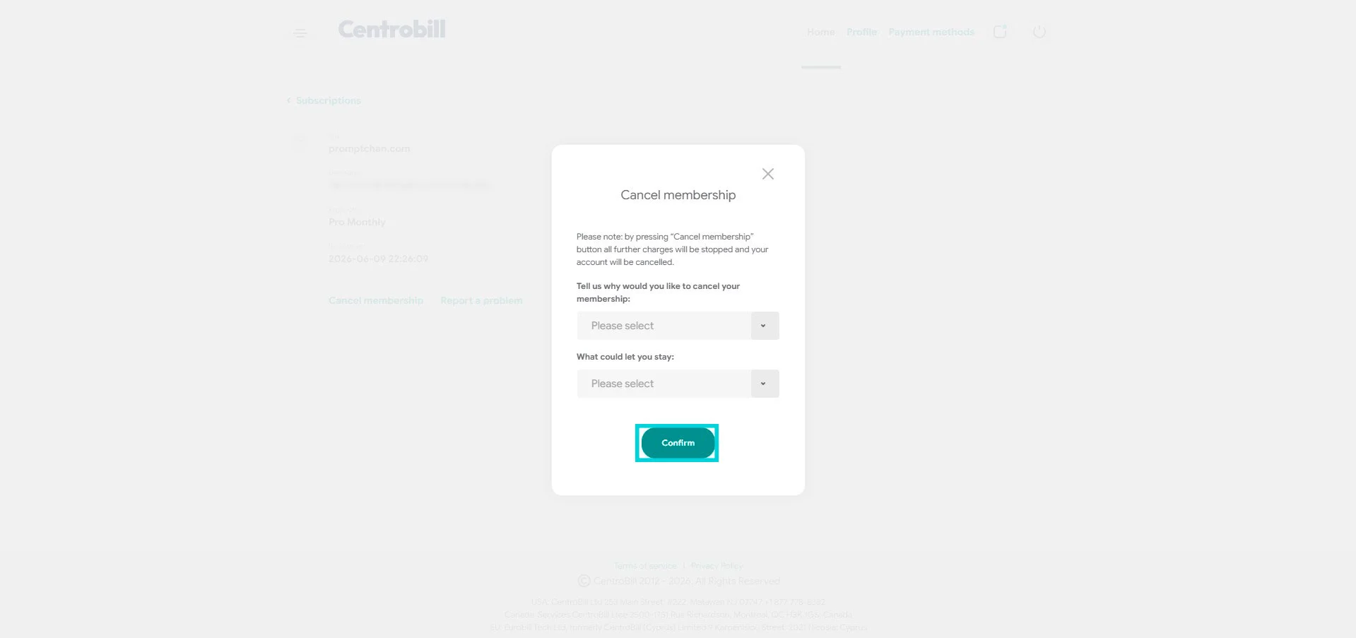 Centrobill: pop-up Cancel membership, botón Confirm
