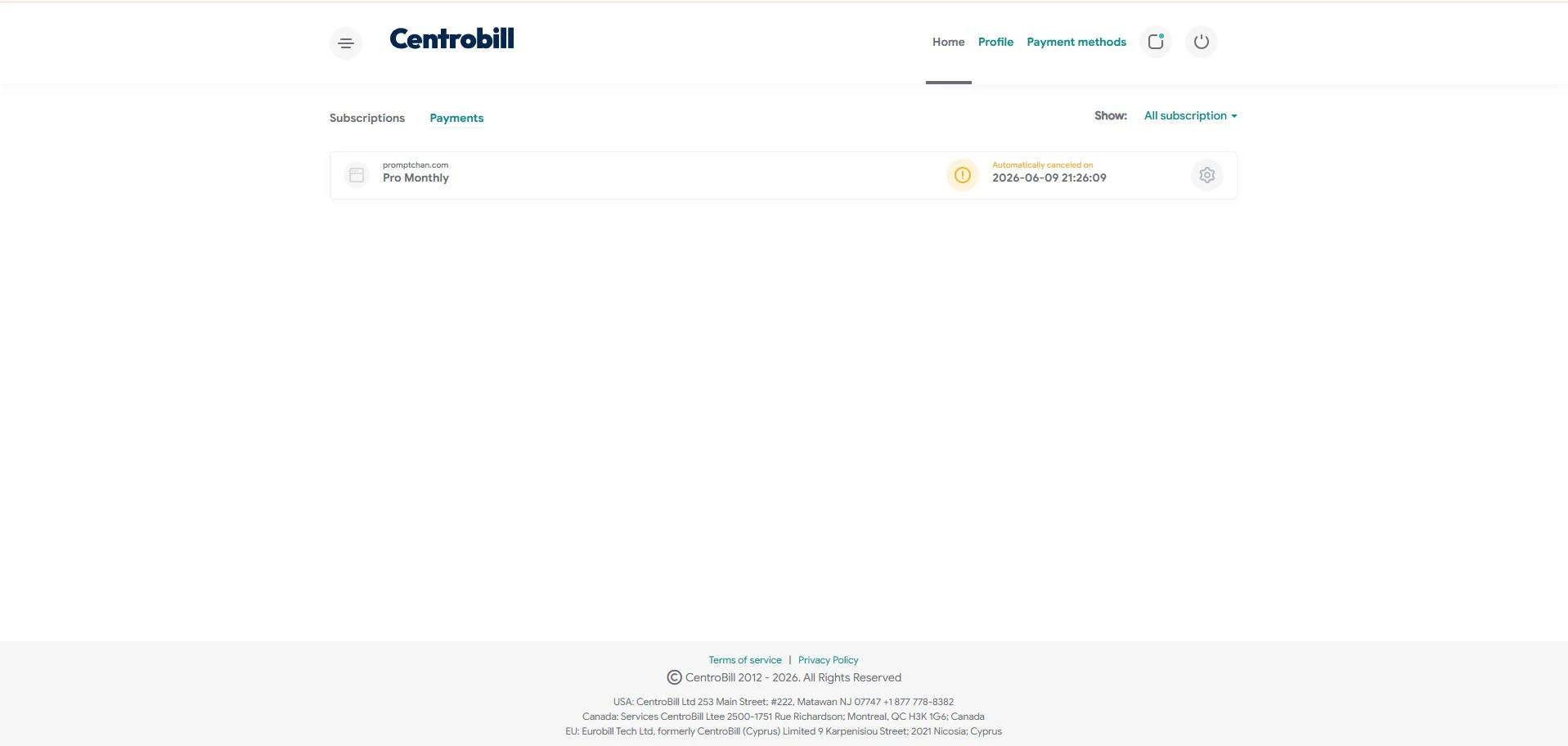 Centrobill: suscripción Automatically canceled on, baja confirmada