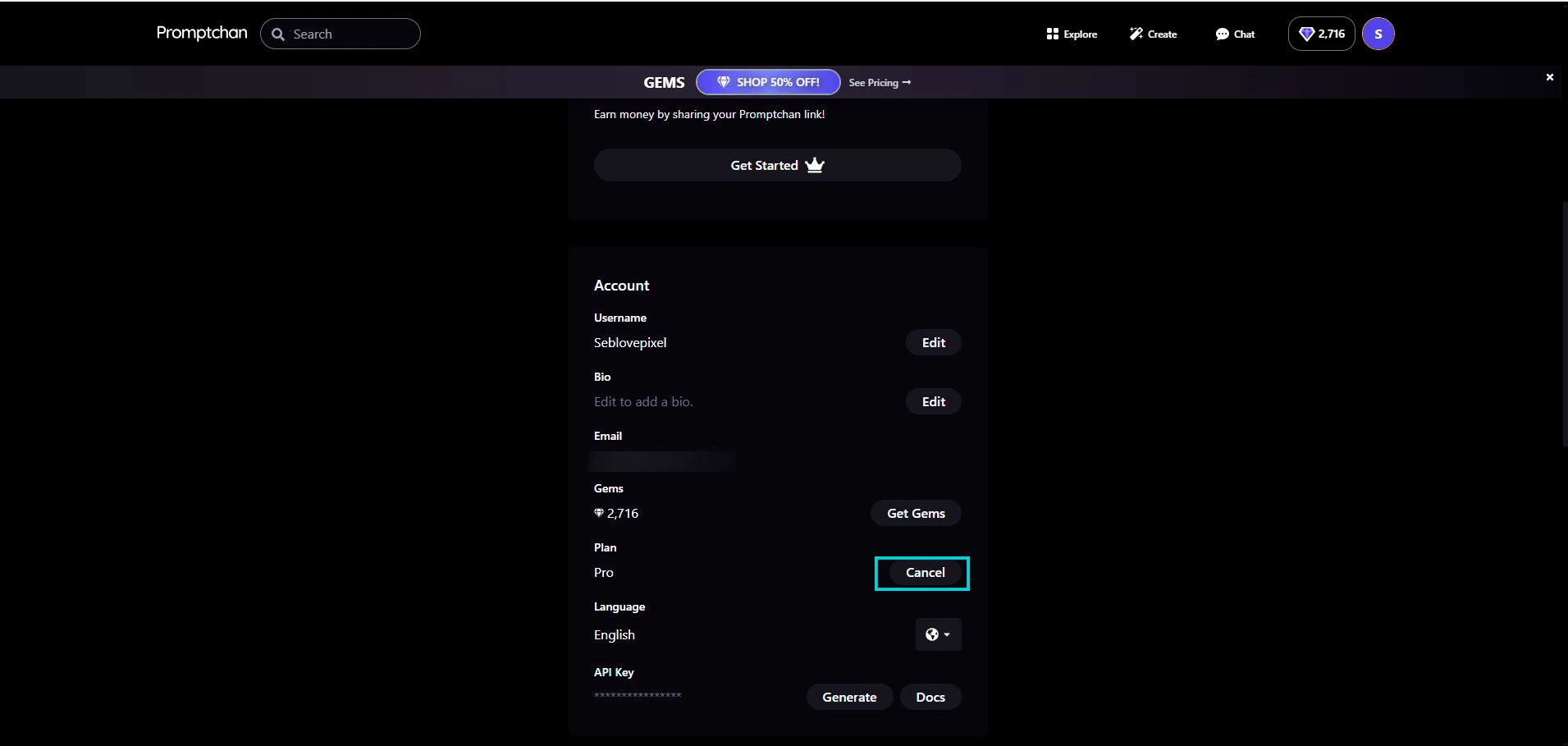 Promptchan: sección Account, botón Cancel junto al plan Pro