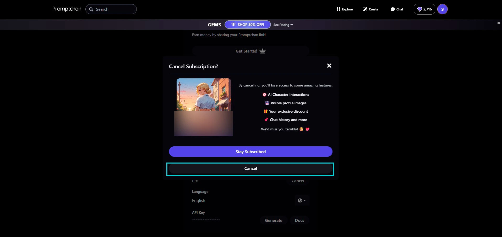 Promptchan: pop-up Cancel Subscription, lo que pierdes al cancelar