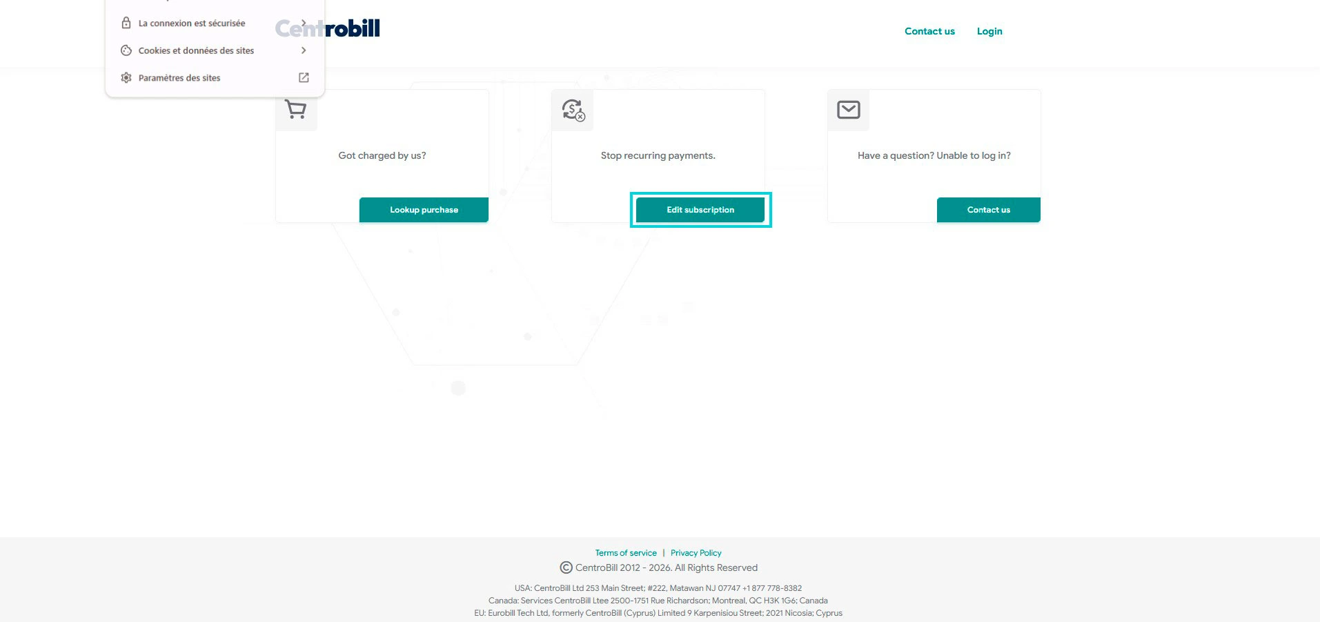 Centrobill: Stop recurring payments, botón Edit subscription