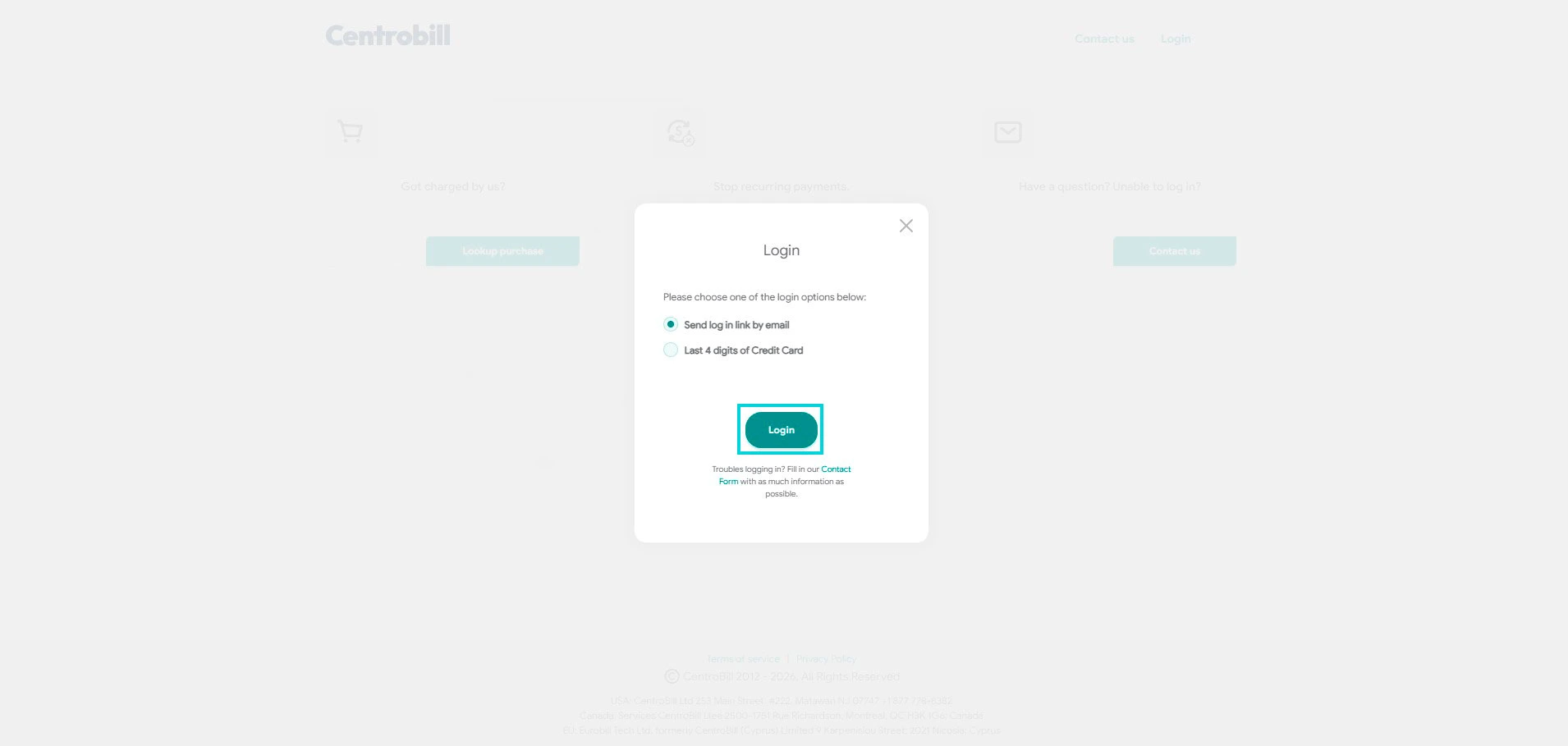 Centrobill: elección del método de acceso (enlace por email o últimos 4 dígitos de la tarjeta)