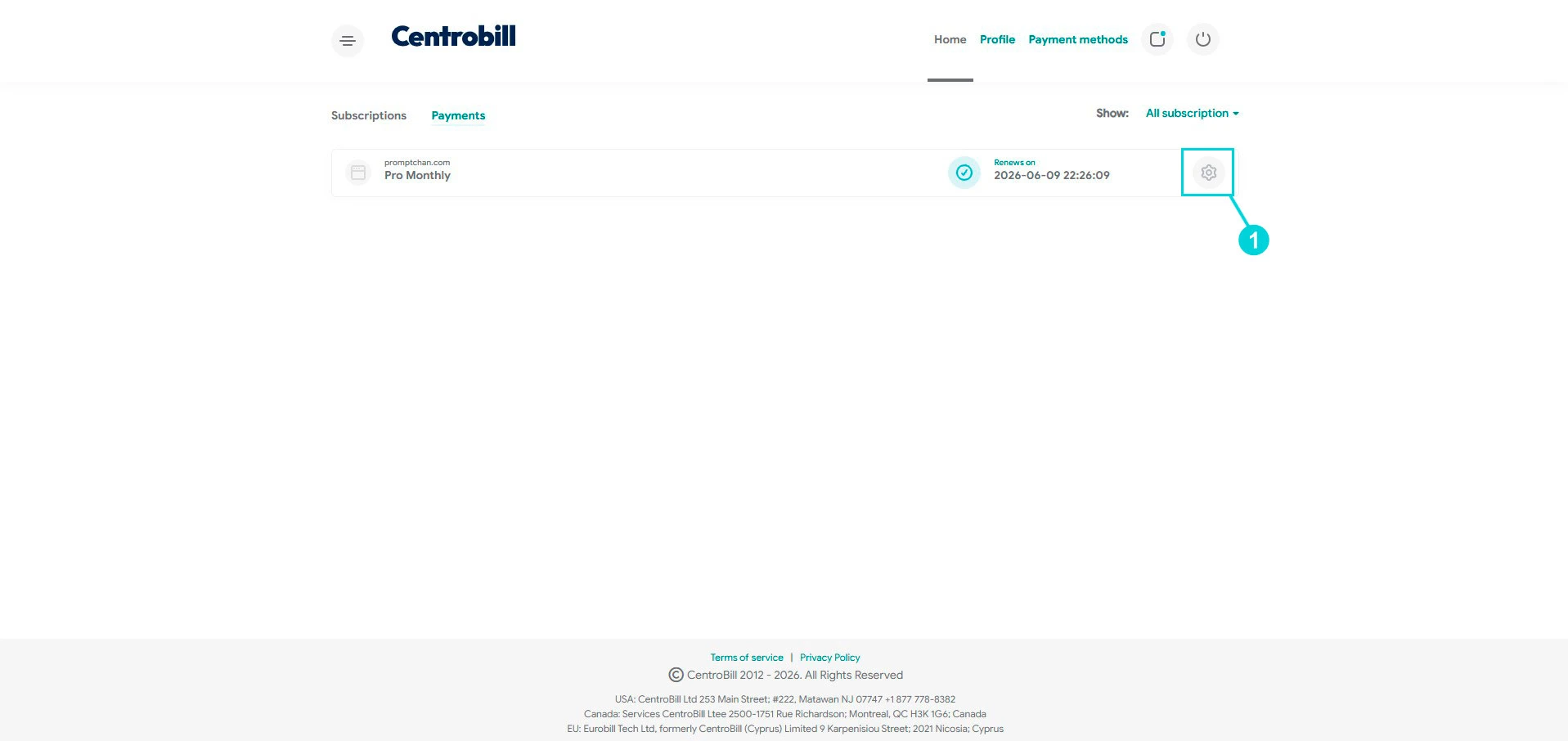 Centrobill: suscripción promptchan.com Pro Monthly, icono de ajustes