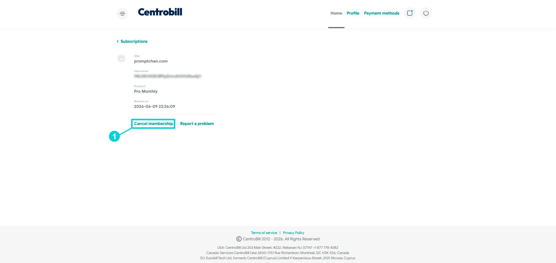 Centrobill: ficha de suscripción, enlace Cancel membership
