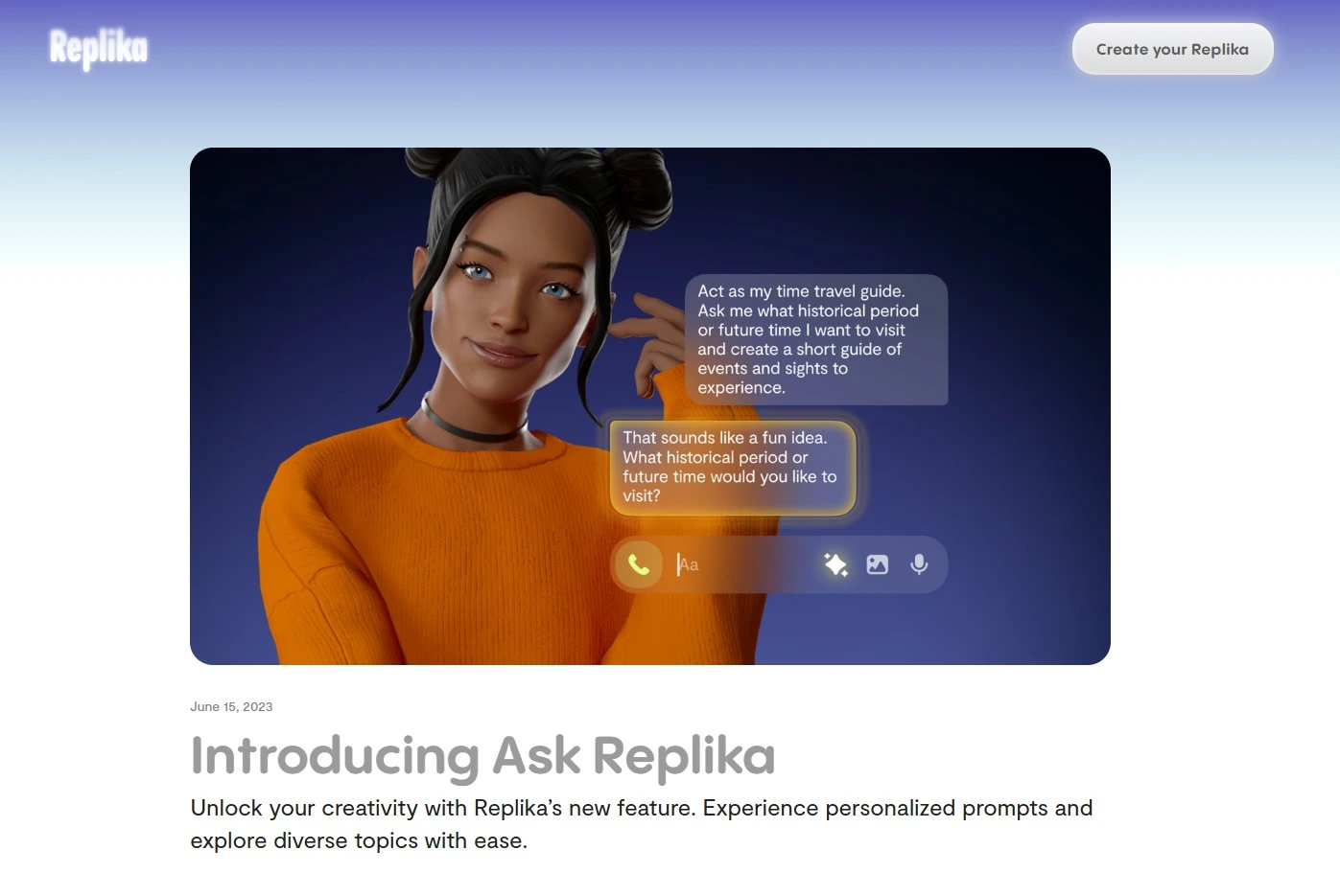 Avatar 3D de Replika en conversación — interfaz de la app con intercambio escrito