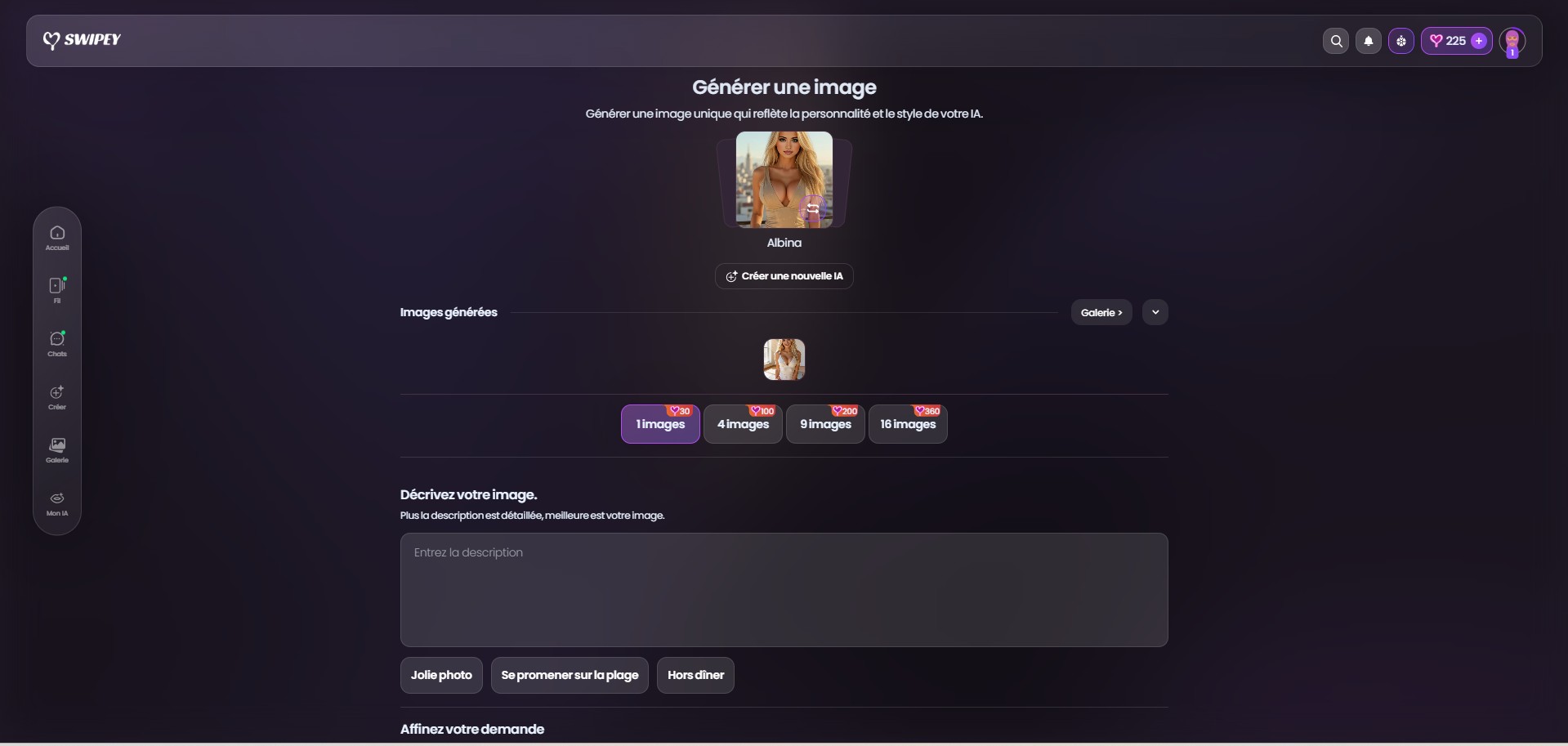 Swipey AI: interfaz del generador de imágenes con Albina, tiers de coste y sugerencias de prompt