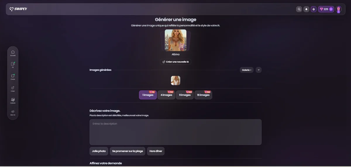 Swipey AI: interfaz del generador de imágenes con Albina, tiers de coste y sugerencias de prompt