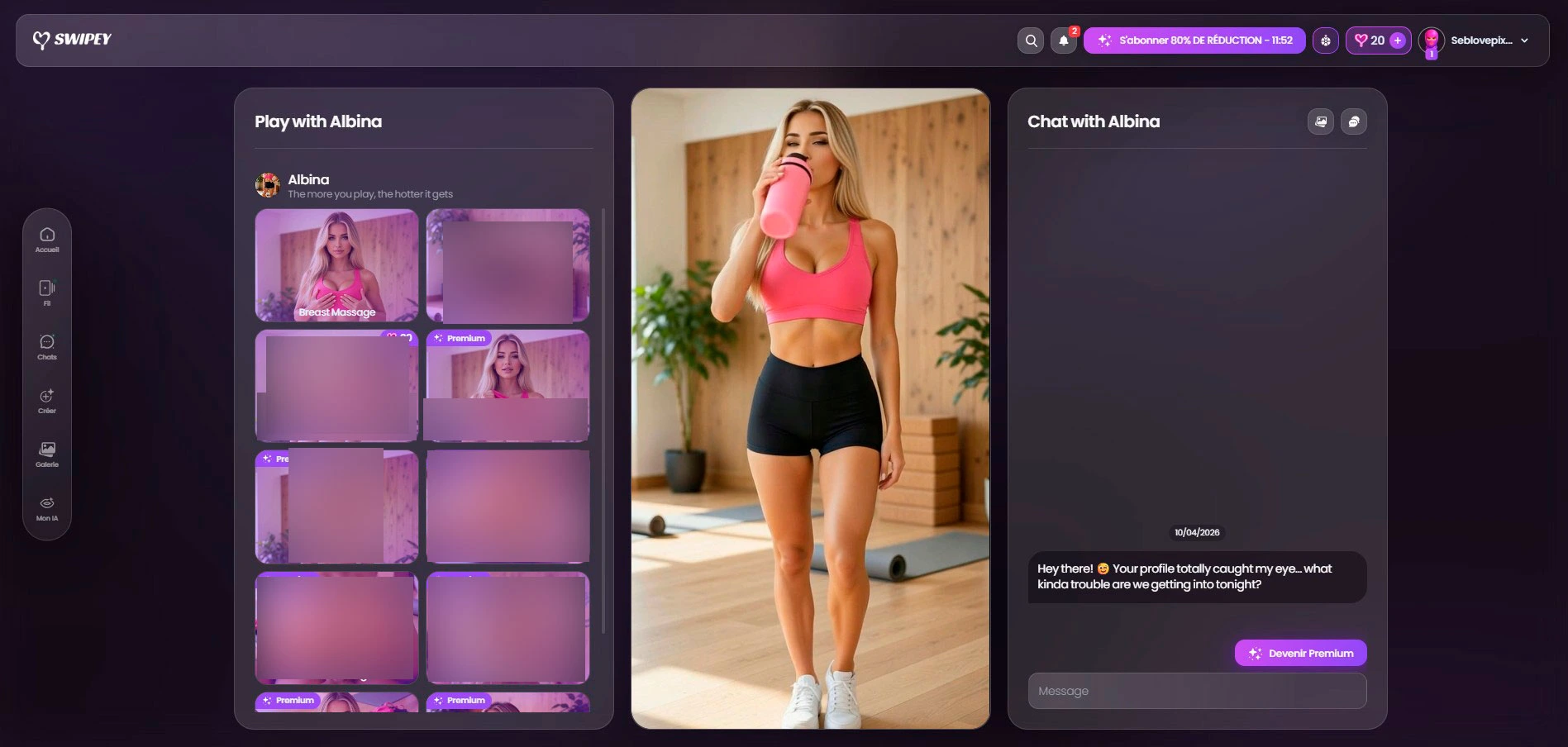 Albina Swipey AI — captura de su perfil en la app, formato Tinder