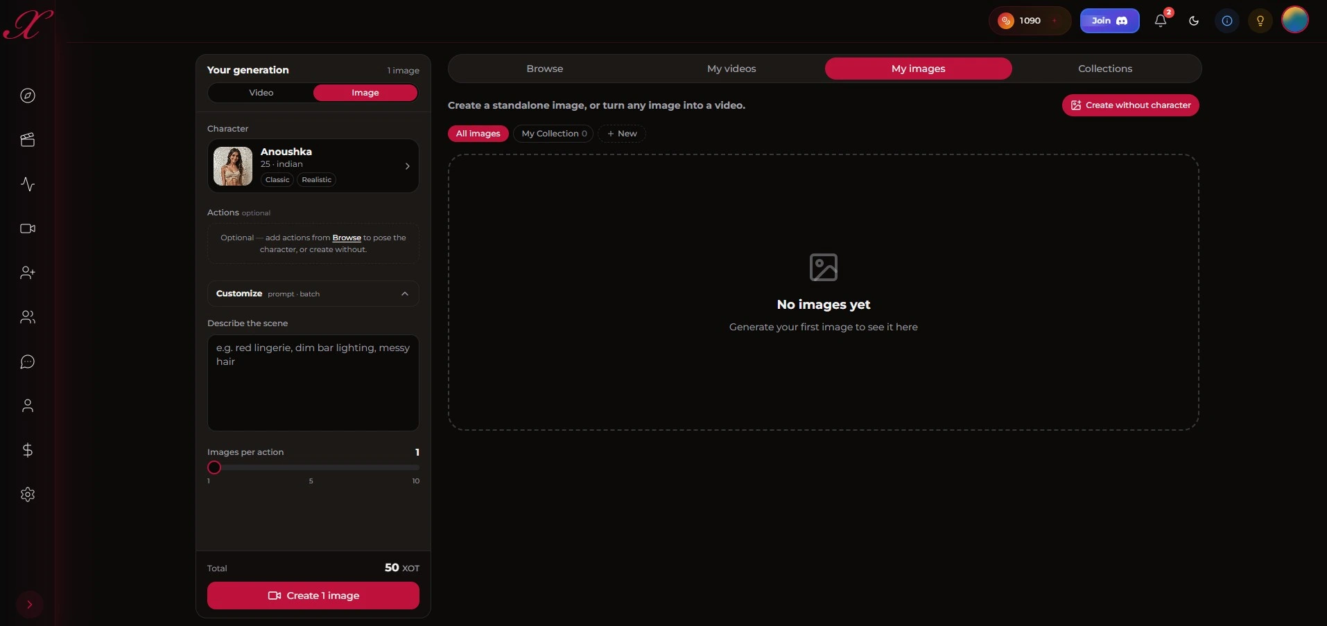 Xotic AI: interfaz del generador de imágenes, pestaña My images seleccionada