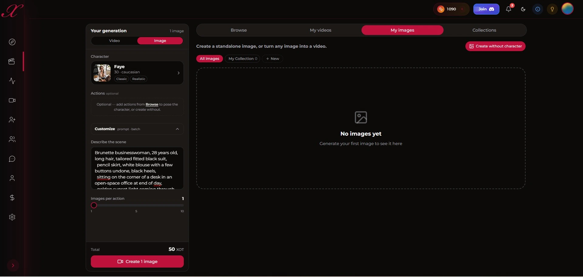 Xotic AI: configuración de imagen con personaje Faye y prompt detallado de businesswoman