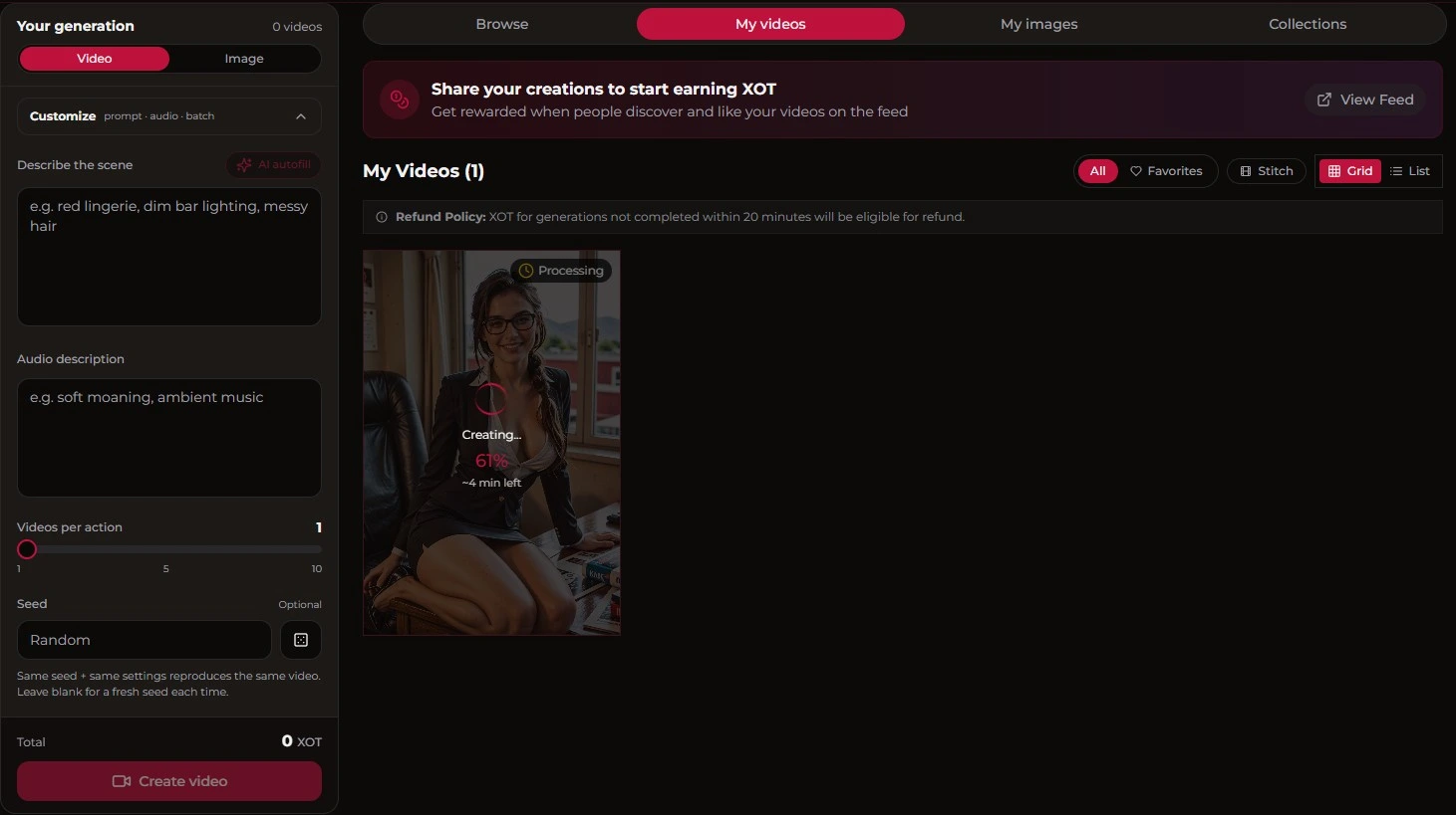 Xotic AI: interfaz de generación de vídeo con audio description, seed y refund policy